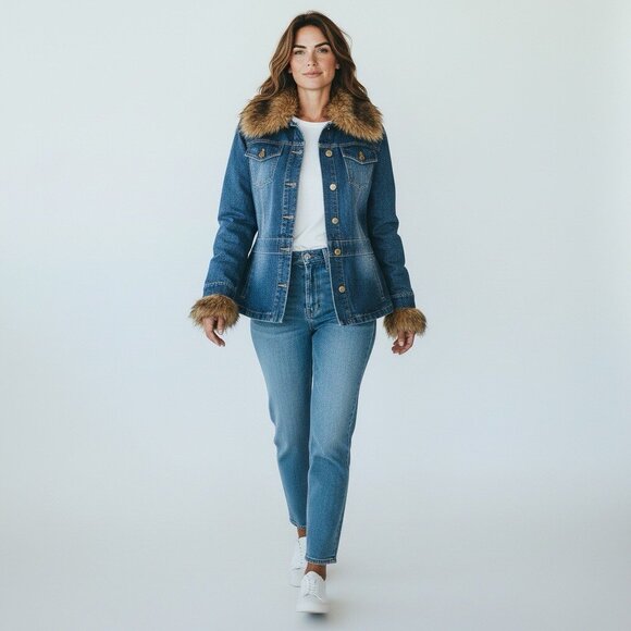 vintage y2k faux fur trim insulated‎ mid lengt denim coat jacket sz L - Picture 8 of 8